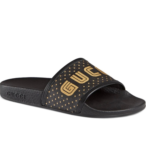 Gucci | Shoes | Like New Gucci Leather Sega Slides Black Gold Size 1 Us |  Poshmark